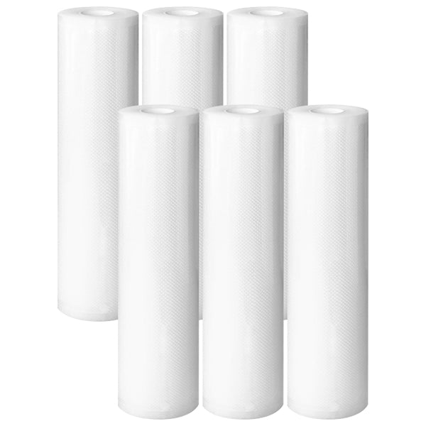 Six Kootek Commercial Vacuum Sealer Bags 6 Pack 8x20 are displayed upright in two rows against a plain background, highlighting efficient space usage.